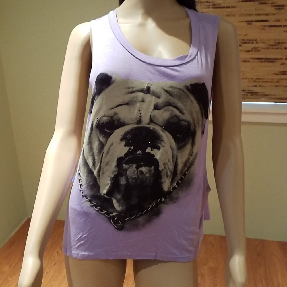 Embellished Sleeveless T-shirt Bulldog Graphic L